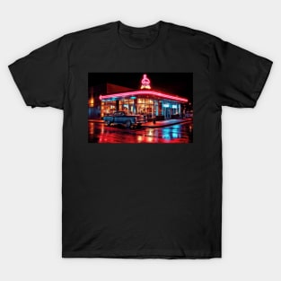 A City Diner Lit Up With Neon and Wet Streets - Landscape T-Shirt